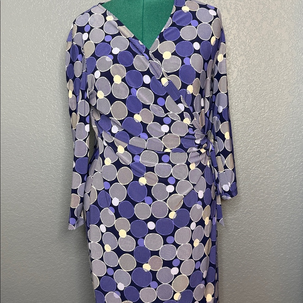 Anne Klein Blue Geometric Wrap Dress XL Ruched Jersey‎ Faux Wrap Dress